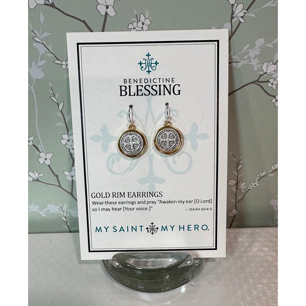 My Saint My Hero Benedictine Blessing Gold Rim Earrings